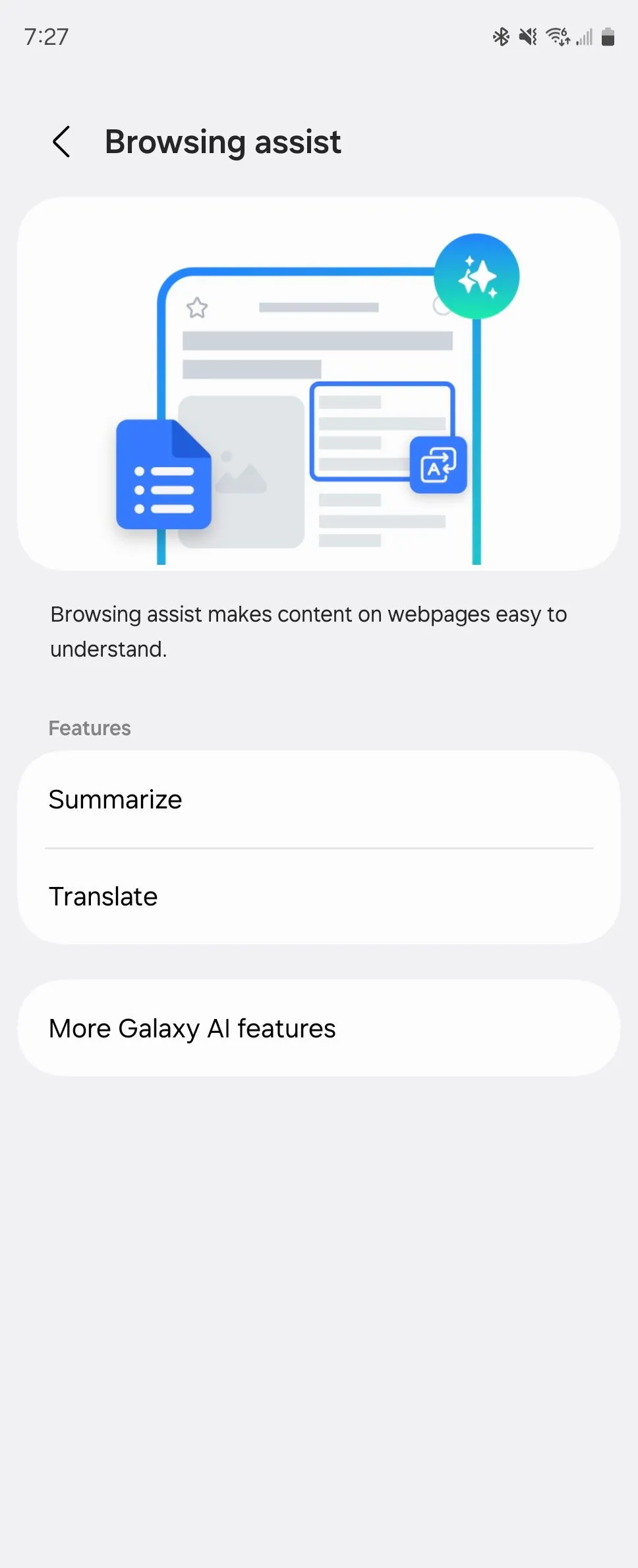 Tùy chọn Hỗ trợ Duyệt Web (Browsing Assist) của Galaxy AI trên trình duyệt Samsung Internet, minh họa tính năng tóm tắt nội dung trang web.