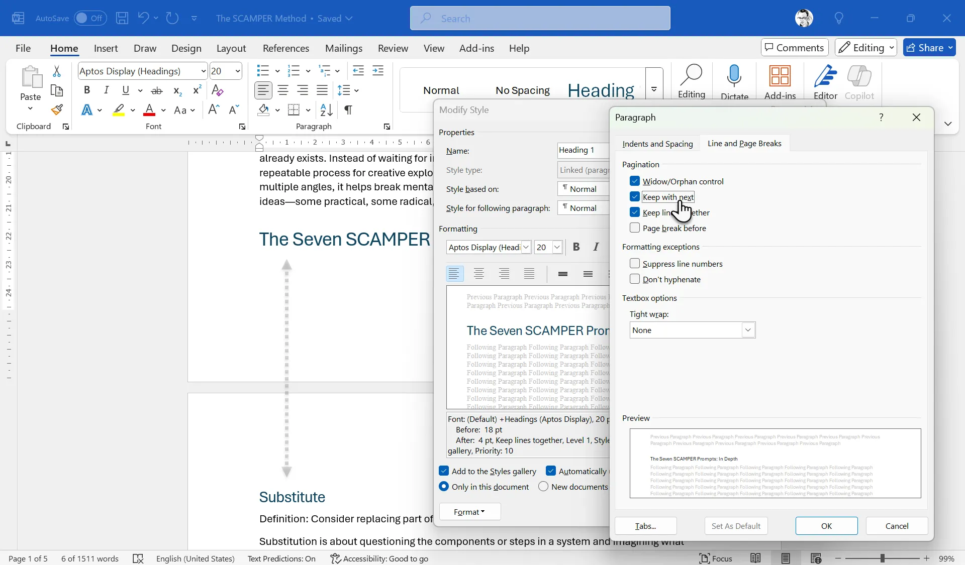 Tùy chọn Keep With Next trong cài đặt đoạn văn của Microsoft Word để tránh ngắt trang