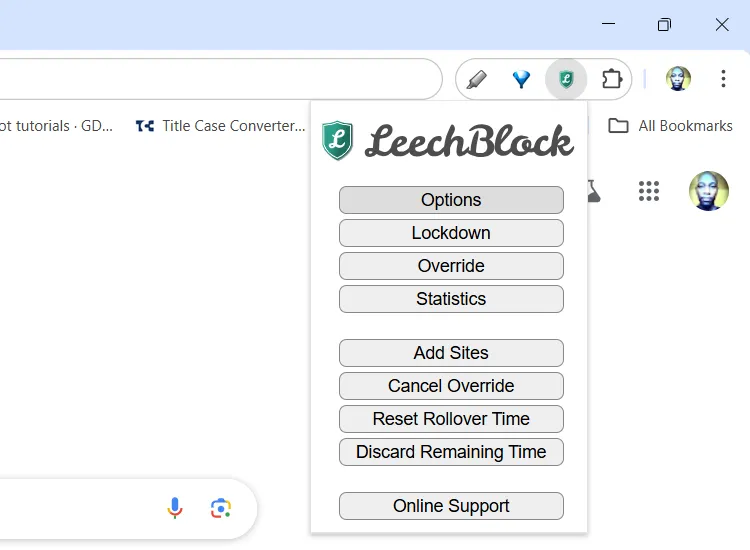 Tùy chọn LeechBlock NG trong Google Chrome để chặn trang web