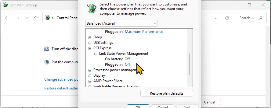 Tùy chọn Link State Power Management của PCI Express trong cài đặt Tùy chọn Nguồn trên Windows 11