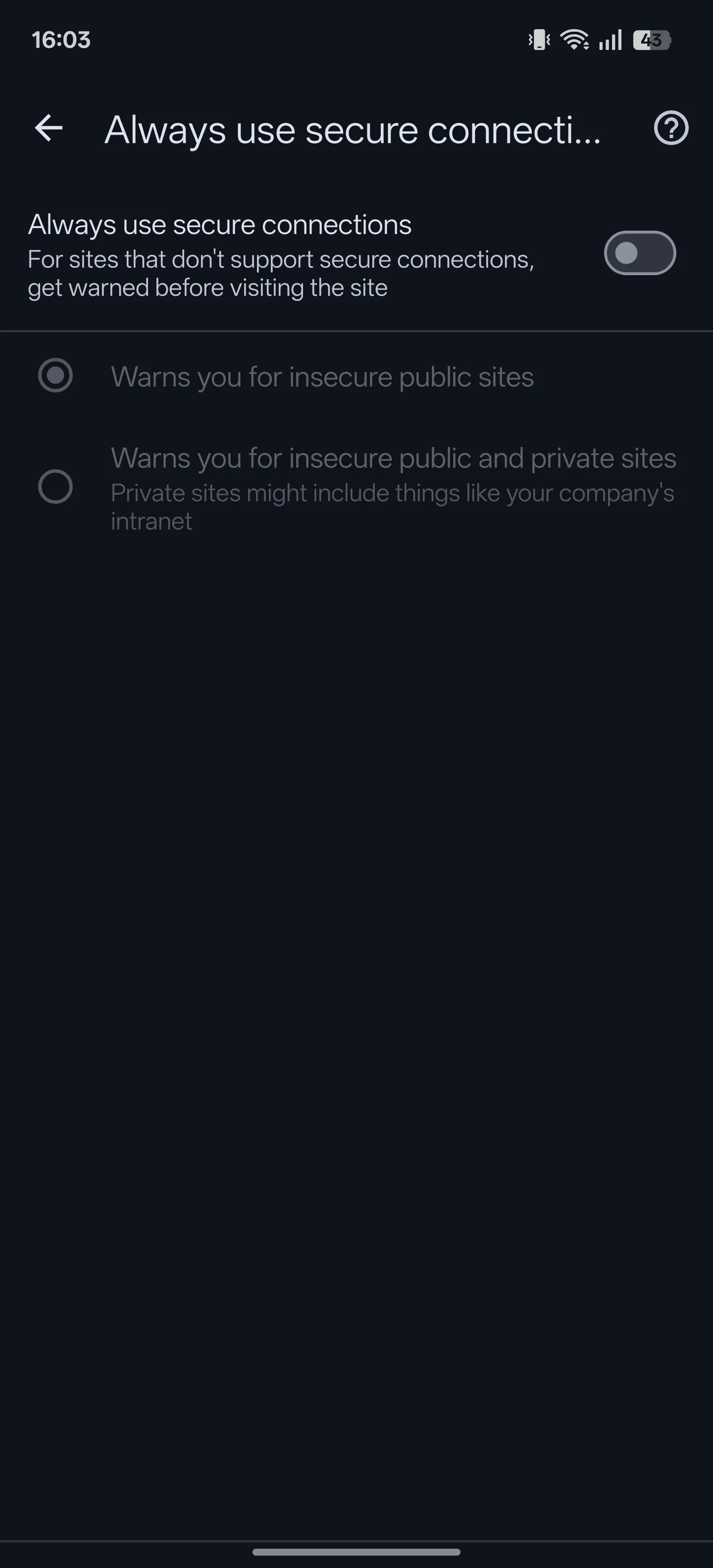 Tùy chọn &quot;Luôn sử dụng kết nối an toàn&quot; (Always use secure connections) đang ở trạng thái tắt trong cài đặt Chrome Android.