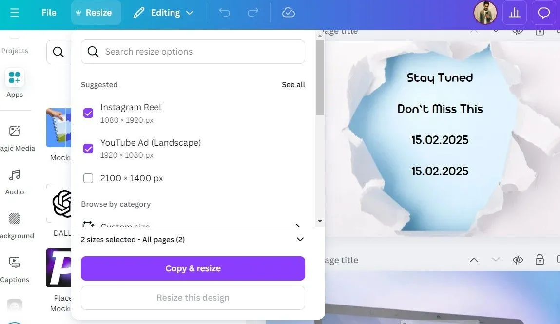 Tùy chọn Magic Resize trong Canva Pro giúp thay đổi kích thước thiết kế cho nhiều nền tảng
