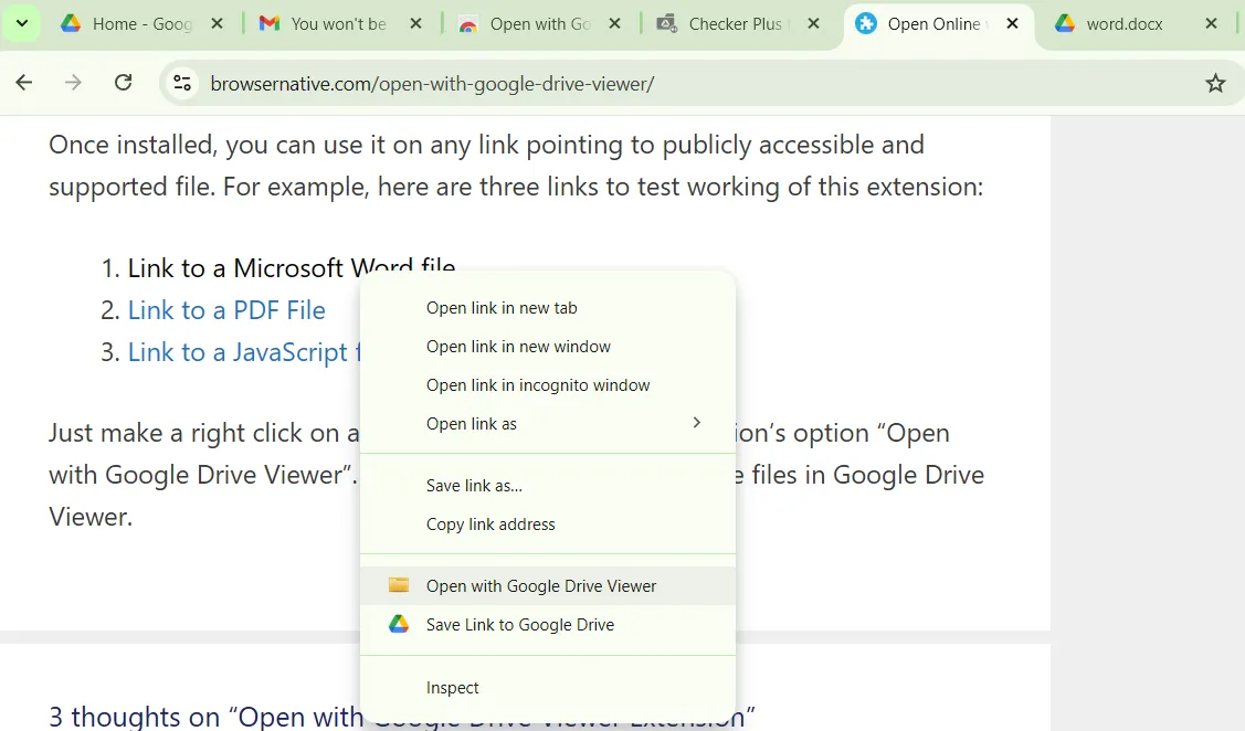 Tùy chọn Mở bằng Google Drive Viewer hiển thị trong menu chuột phải trên trình duyệt Chrome, hỗ trợ xem tài liệu PDF và Word trực tuyến
