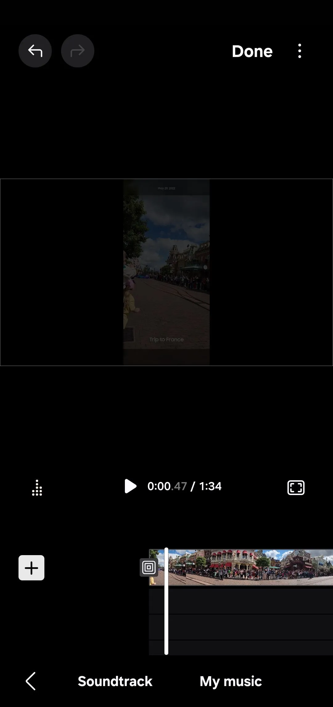 Tùy chọn nhạc trong ứng dụng Samsung Studio, cho phép thêm nhạc nền vào video
