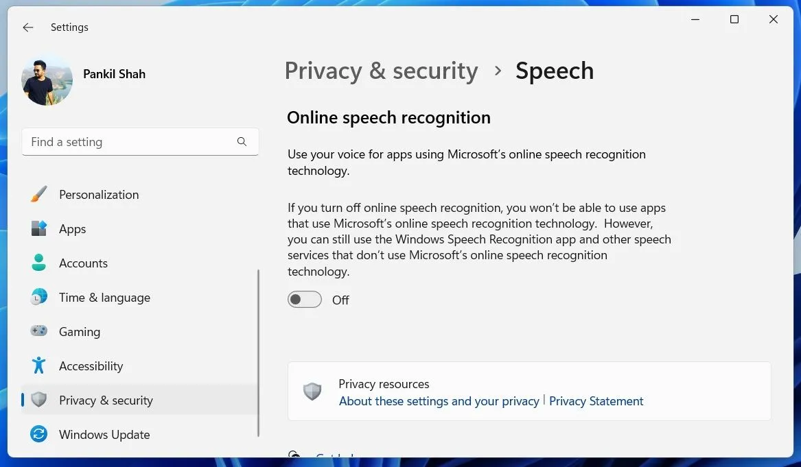 Tùy chọn nhận dạng giọng nói trực tuyến trong cài đặt quyền riêng tư của Windows 11