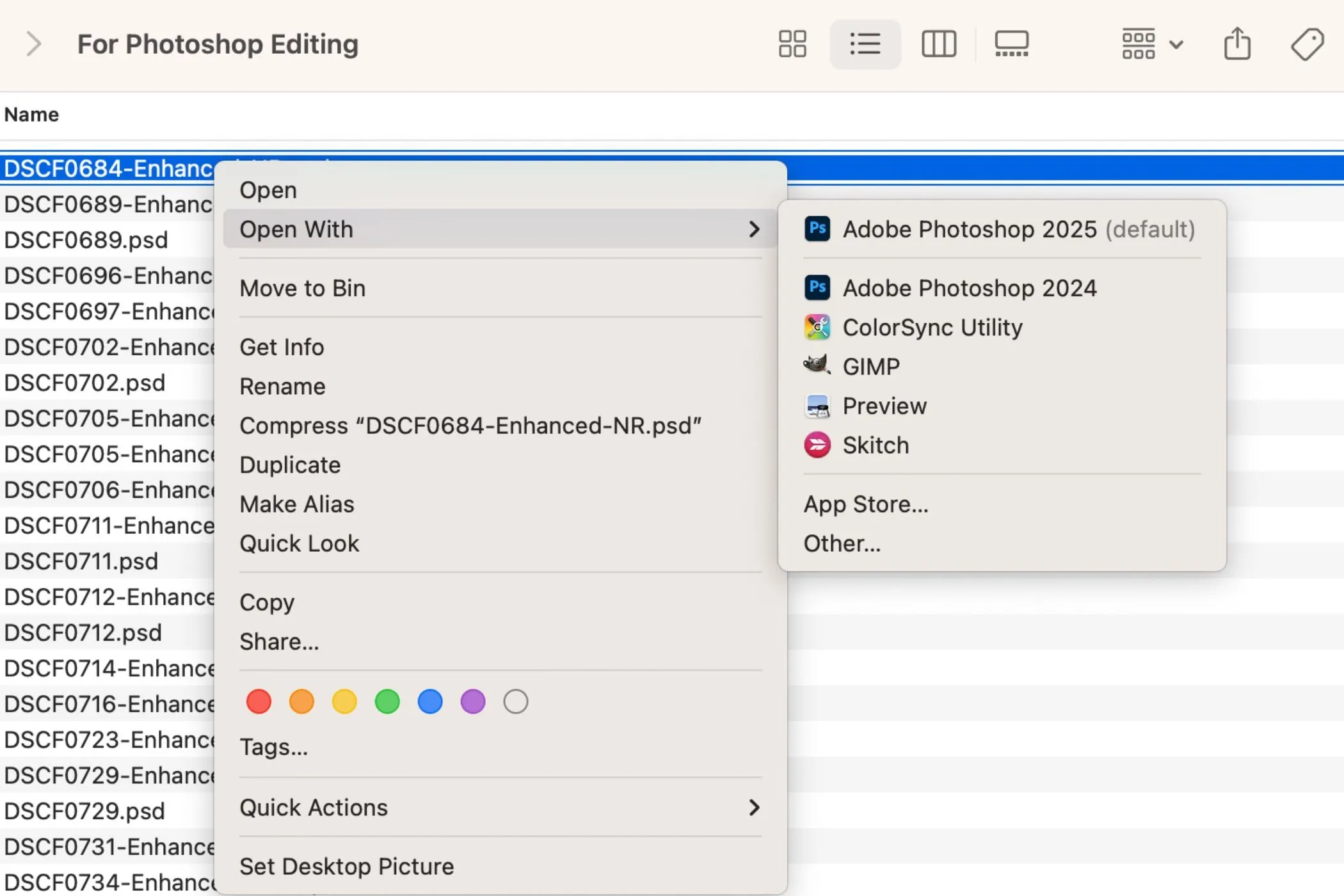 Tùy chọn &quot;Open With&quot; (Mở bằng) trên macOS hiển thị ứng dụng Preview để mở file PSD