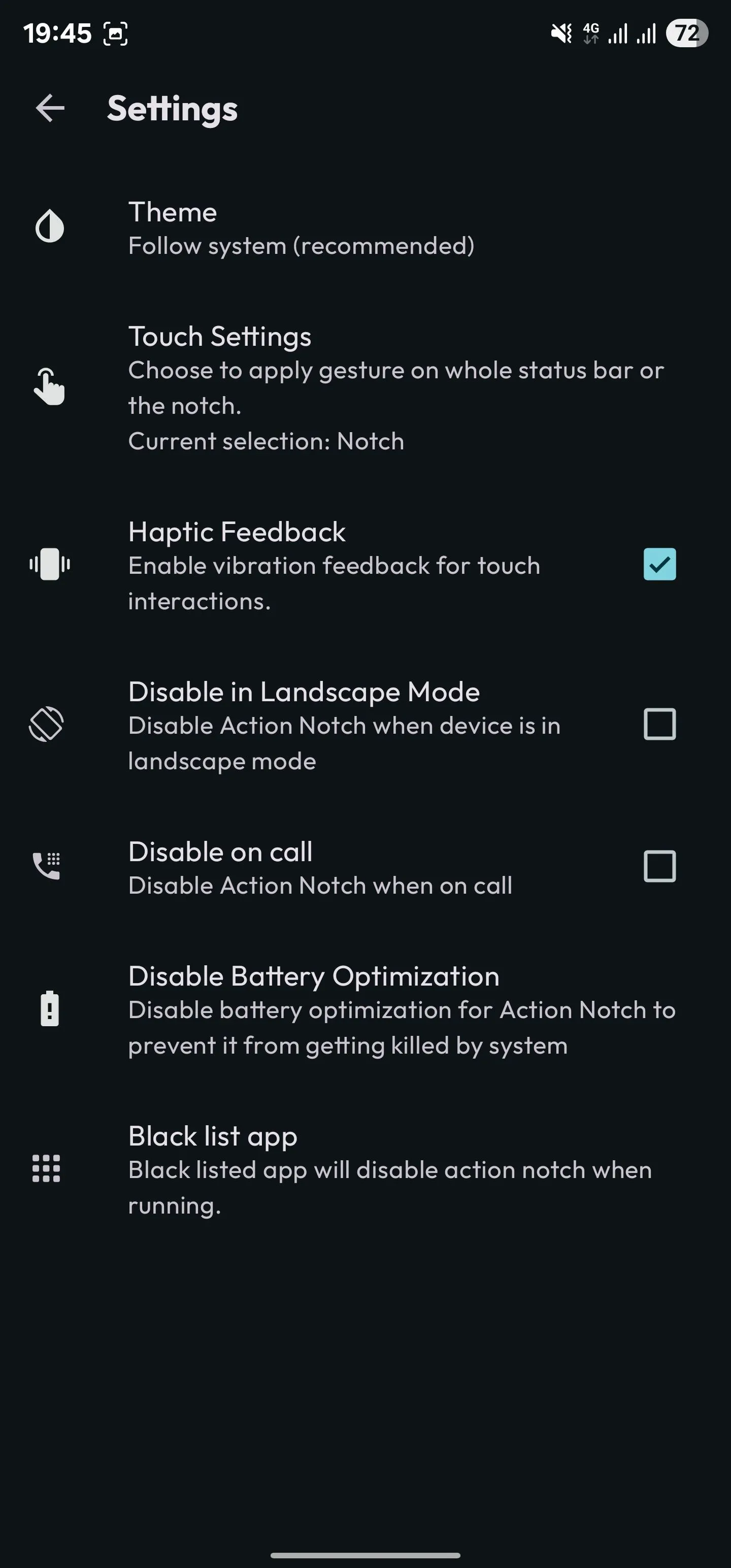 Tùy chọn phản hồi xúc giác (Haptic Feedback) đã được bật trong cài đặt Action Notch