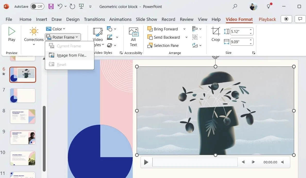Tùy chọn Poster Frame trong tab Video Format của PowerPoint để thay đổi hình thu nhỏ video