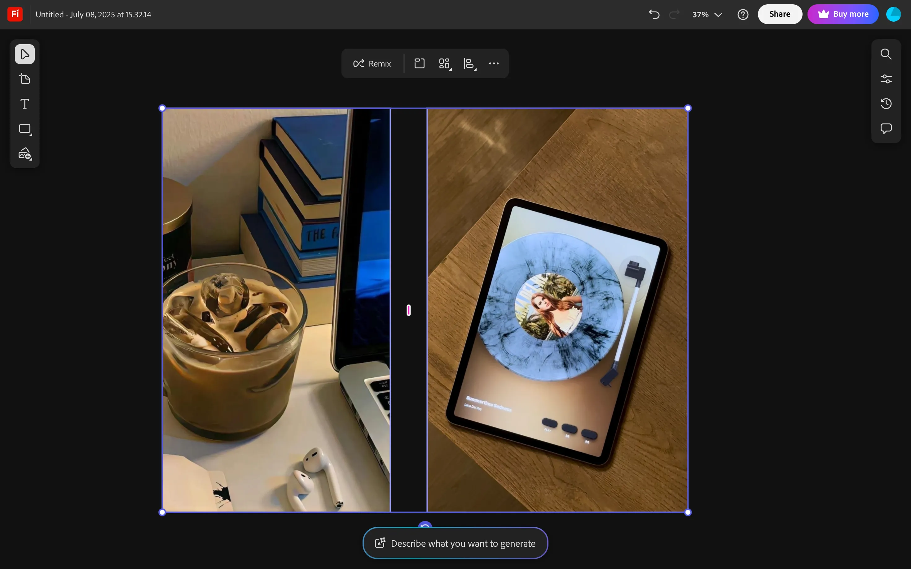Tùy chọn Remix hiển thị trong Adobe Firefly Boards khi hai hình ảnh được chọn để hợp nhất