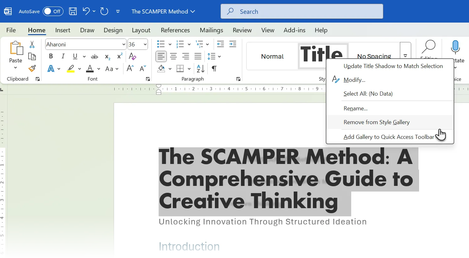 Tùy chọn &quot;Remove from Style Gallery&quot; khi chuột phải vào Styles trong Microsoft Word