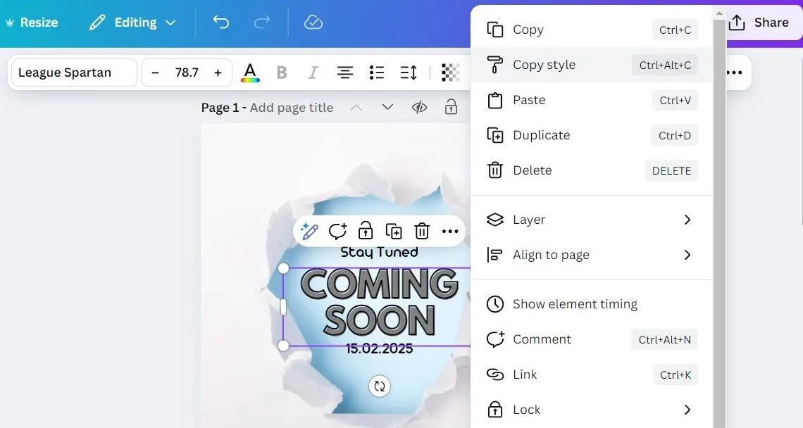 Tùy chọn sao chép phong cách (Copy Style) trên Canva giúp đồng bộ định dạng nhanh chóng