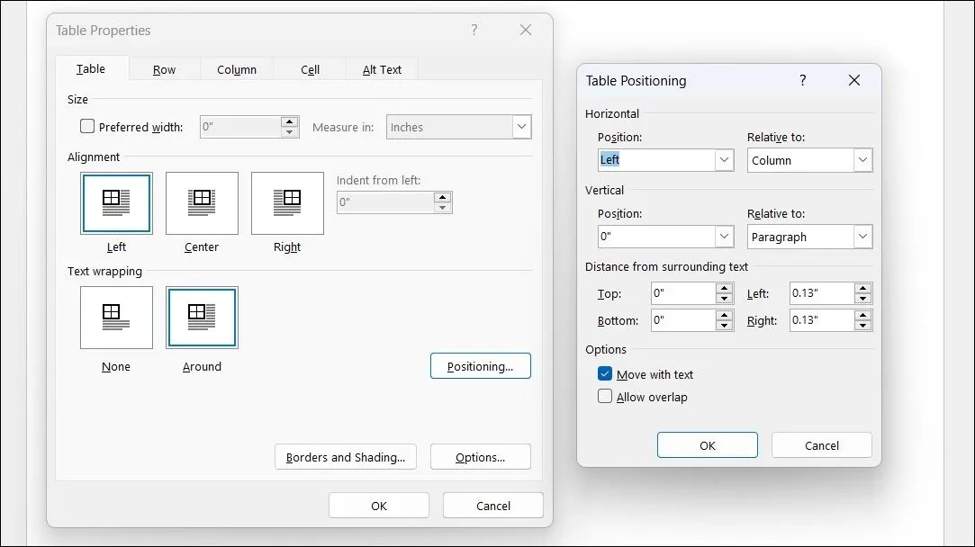 Tùy chọn Table Properties trong Microsoft Word để căn chỉnh và định vị bảng