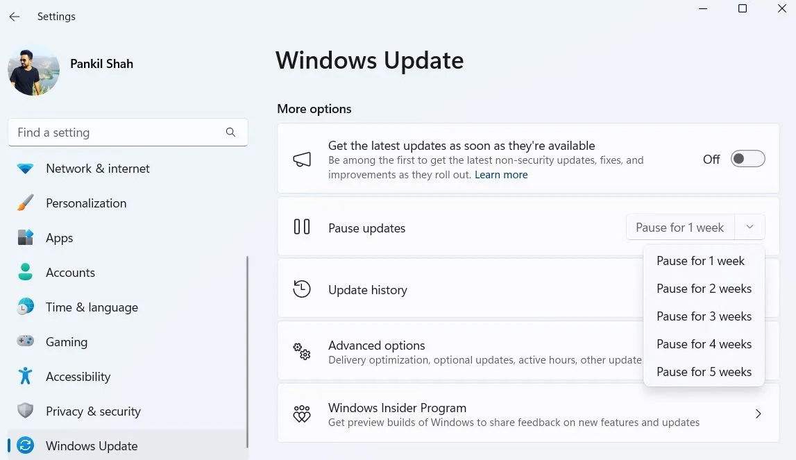 Tùy chọn tạm dừng cập nhật Windows 11 trong ứng dụng Cài đặt