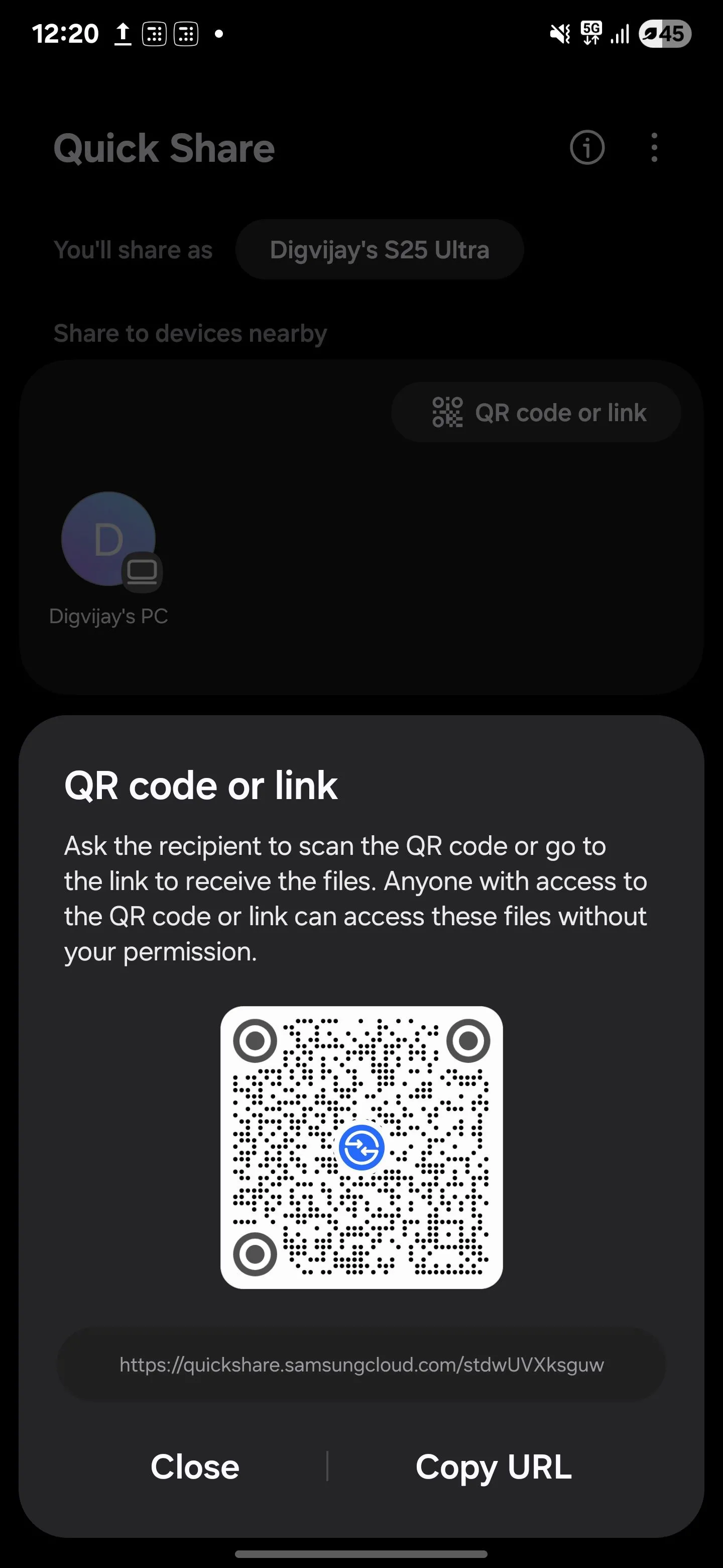 Tùy chọn tạo liên kết hoặc mã QR để chia sẻ file rộng hơn qua Quick Share