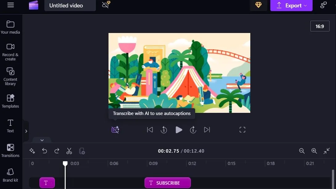 Tùy chọn tạo phụ đề tự động trong phần mềm chỉnh sửa video Clipchamp