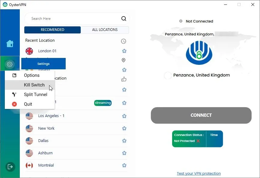 Tùy chọn tắt tính năng Kill Switch trong ứng dụng OysterVPN, nhấn mạnh tầm quan trọng của cơ chế này trong việc bảo vệ dữ liệu khi kết nối VPN bị ngắt đột ngột.