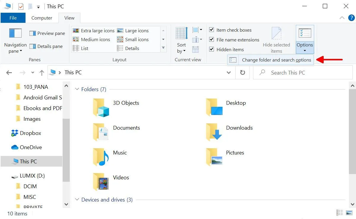 Tùy chọn thay đổi cài đặt thư mục và tìm kiếm trong Windows File Explorer