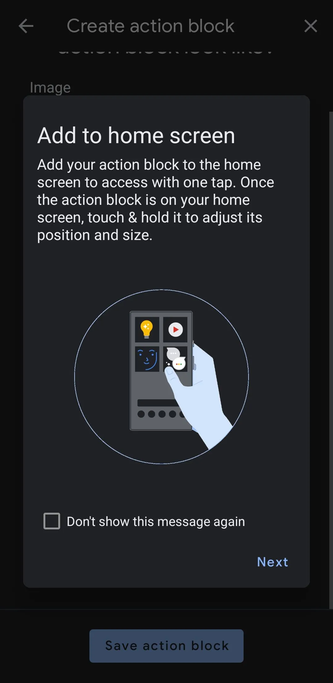 Tùy chọn thêm khối hành động Action Block vào màn hình chính điện thoại Android