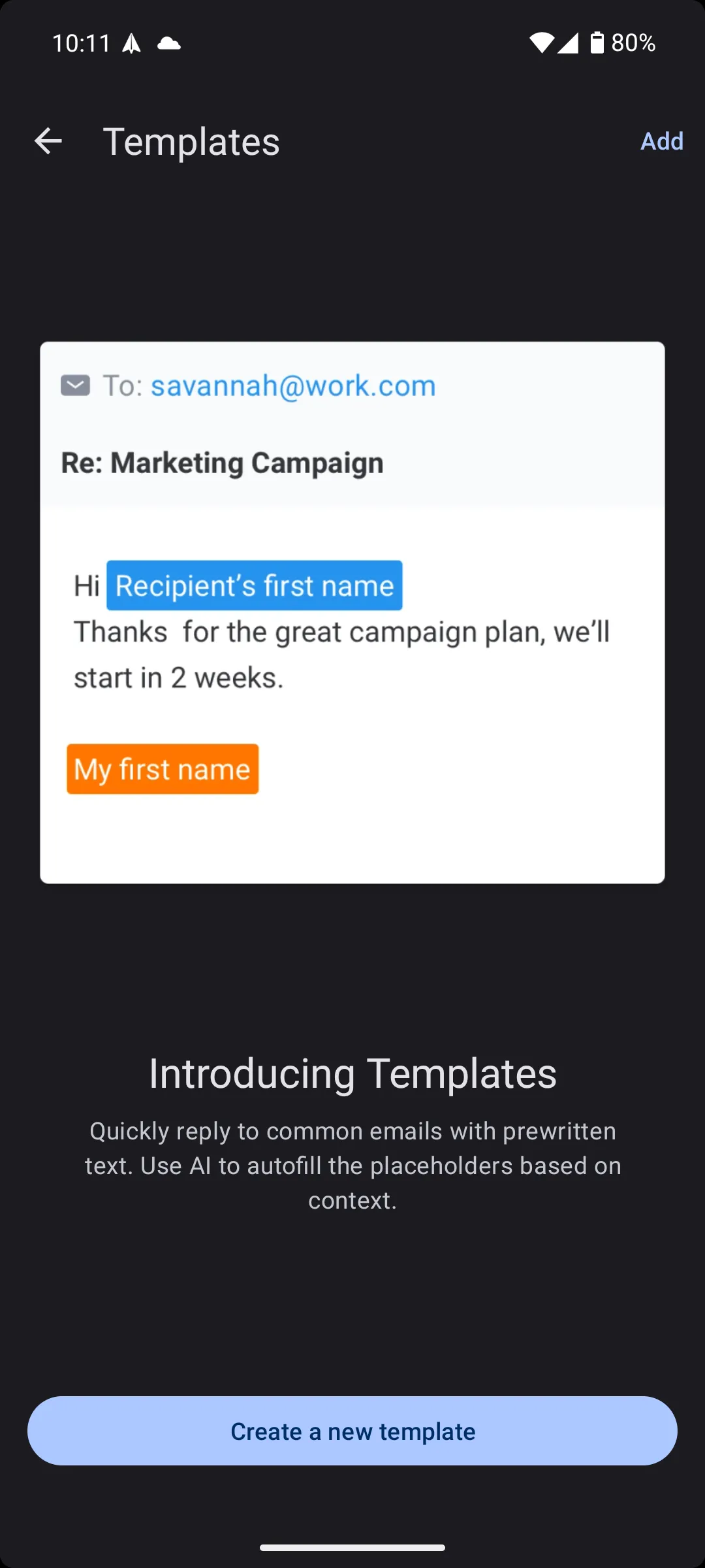 Tùy chọn thêm mẫu thư trong ứng dụng Spark Mail trên Android