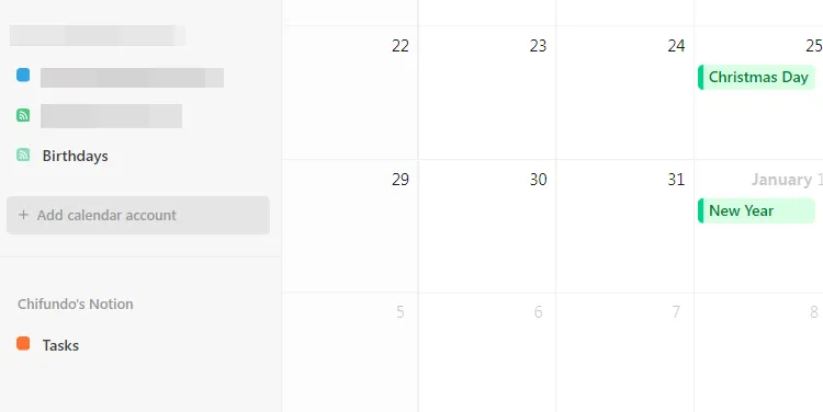 Tùy chọn thêm tài khoản lịch trong Notion Calendar, cho phép người dùng tích hợp các lịch bên ngoài.