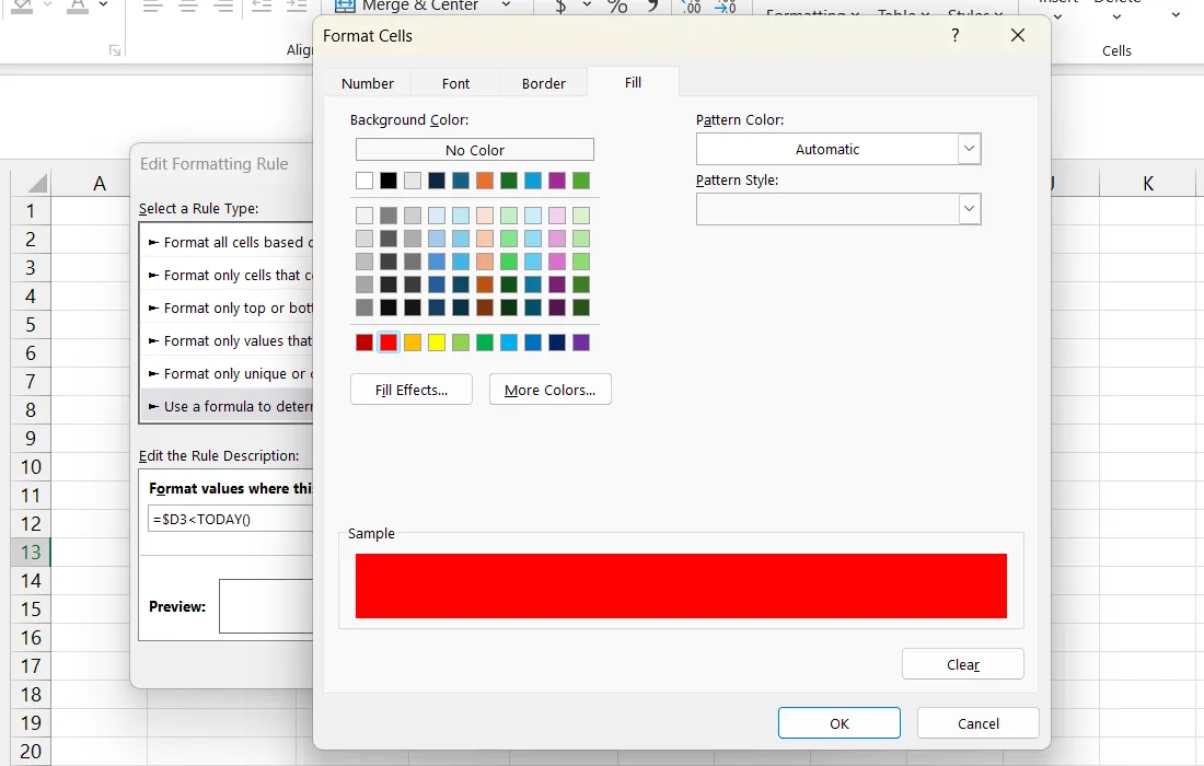 Tùy chọn thiết lập màu nền (Fill Color) cho quy tắc định dạng có điều kiện trong Excel.