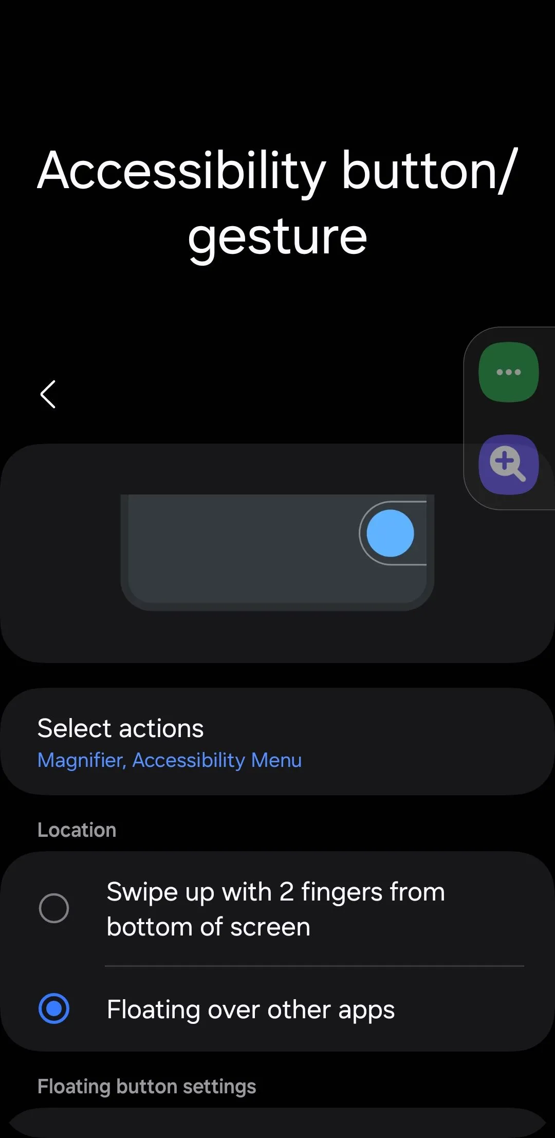 Tùy chọn thiết lập nút trợ năng (Accessibility button) trong cài đặt Android.