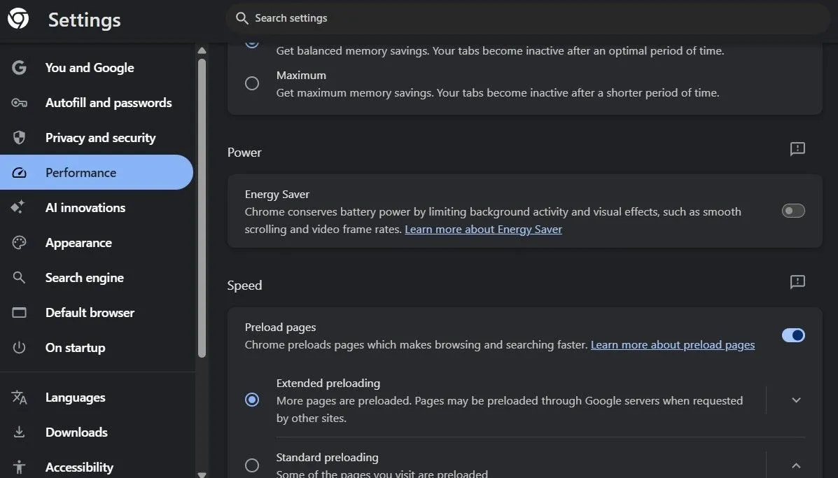 Tùy chọn tiết kiệm năng lượng của Google Chrome được tắt để tăng hiệu suất