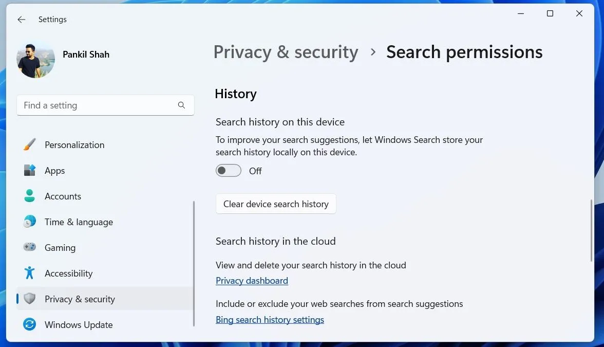 Tùy chọn tìm kiếm nội dung đám mây và lịch sử tìm kiếm trong cài đặt Windows 11