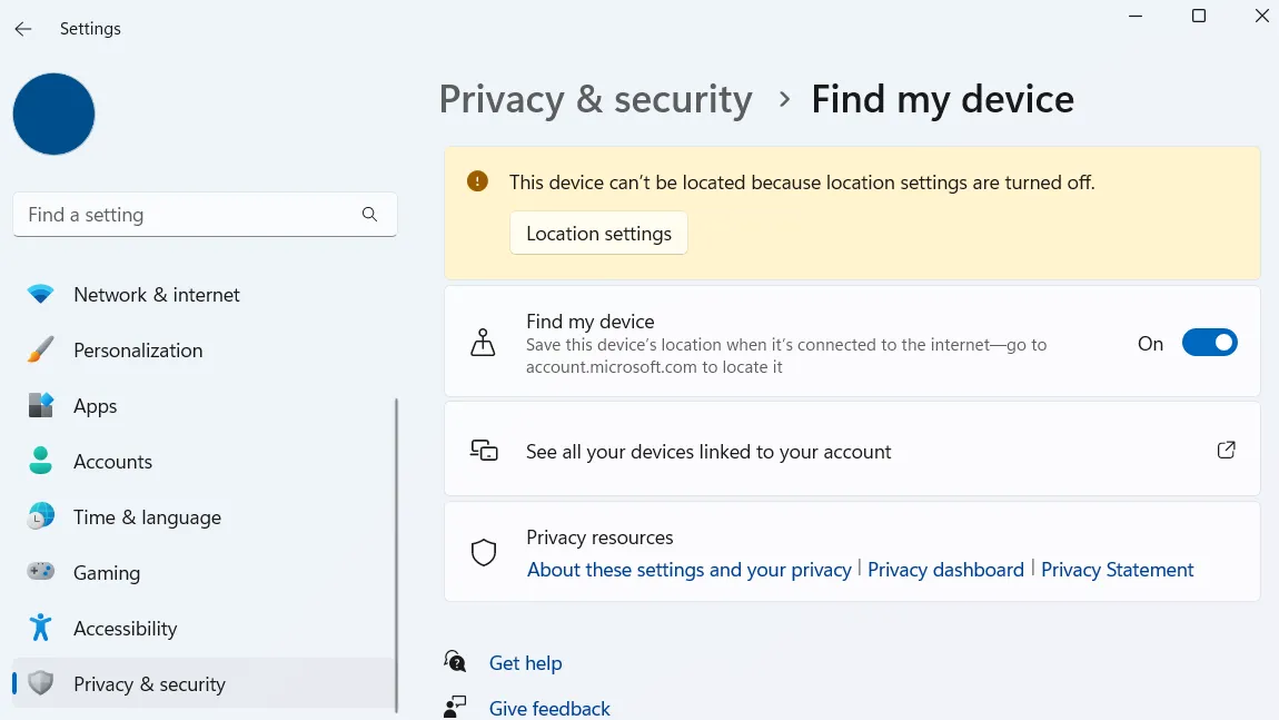 Tùy chọn tìm thiết bị của tôi (Find My Device) trong cài đặt Windows 11