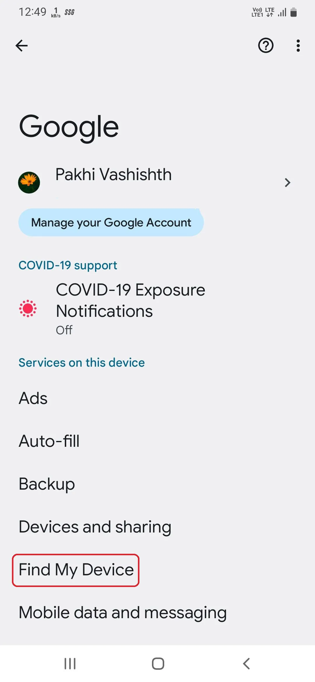 Tùy chọn Tìm thiết bị của tôi trong cài đặt Google