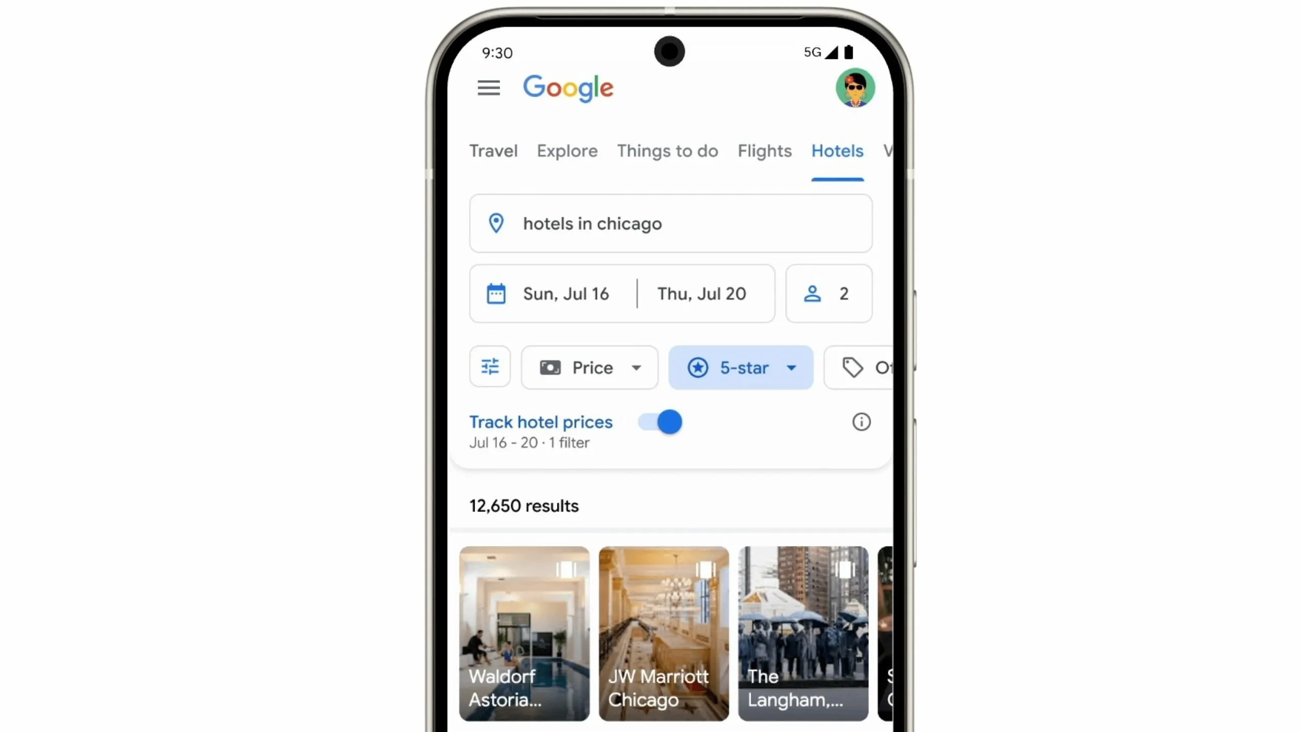 Tùy chọn &quot;Track hotel prices&quot; (Theo dõi giá khách sạn) hiển thị trên giao diện tìm kiếm khách sạn của Google