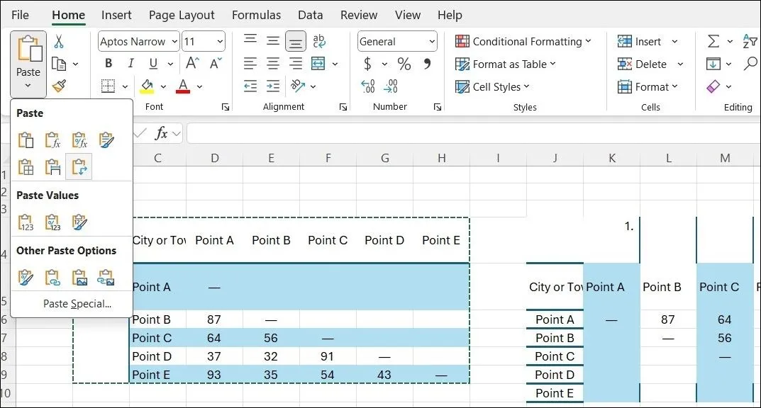 Tùy chọn Transpose trong Excel giúp đổi hàng thành cột của bảng