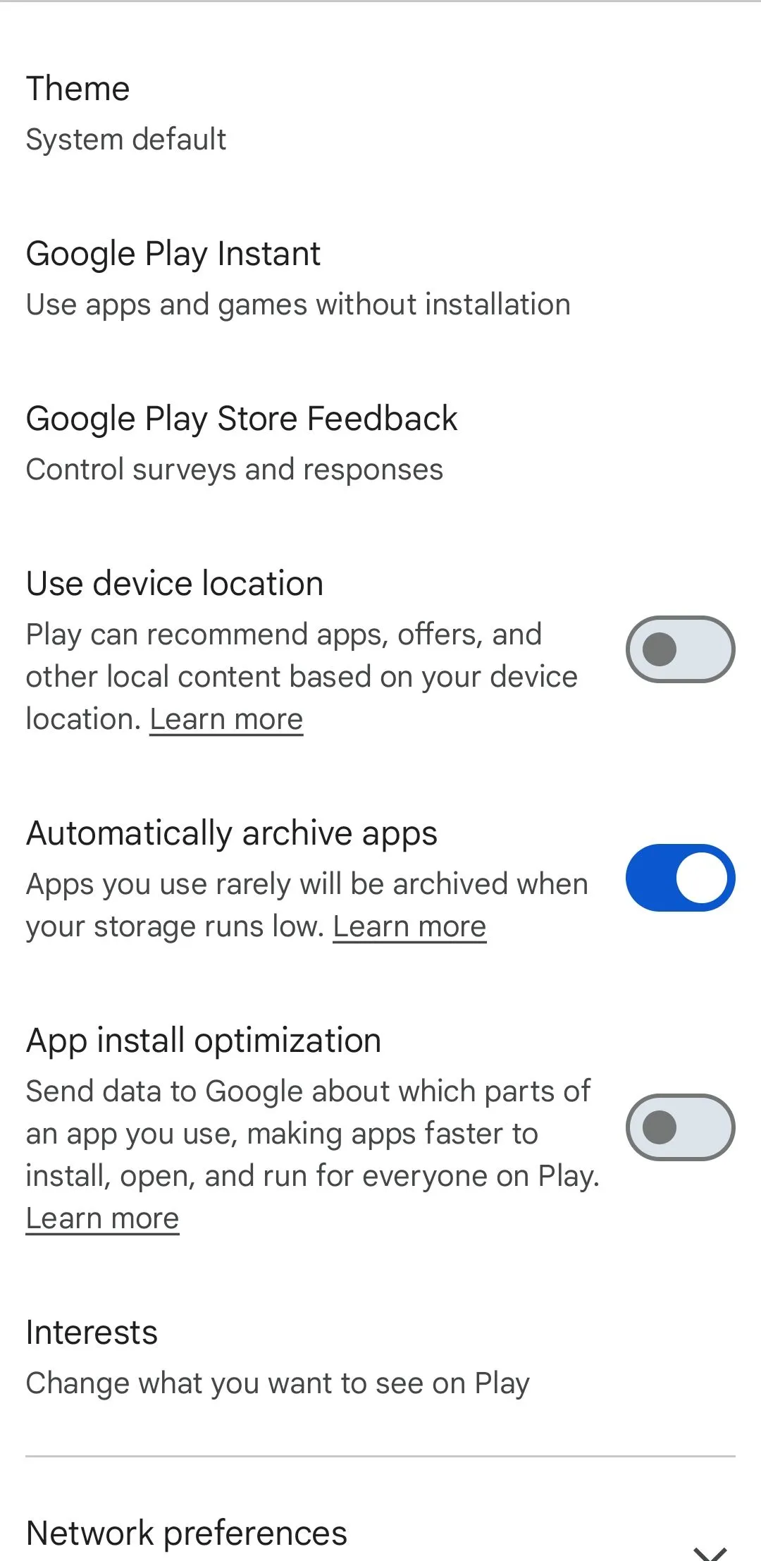 Tùy chọn tự động lưu trữ ứng dụng trong cài đặt Google Play Store