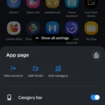 Tùy chọn tùy chỉnh ngăn kéo ứng dụng trong Smart Launcher, hiển thị các danh mục ứng dụng được sắp xếp tự động như Communication, Entertainment, Games, Utilities.