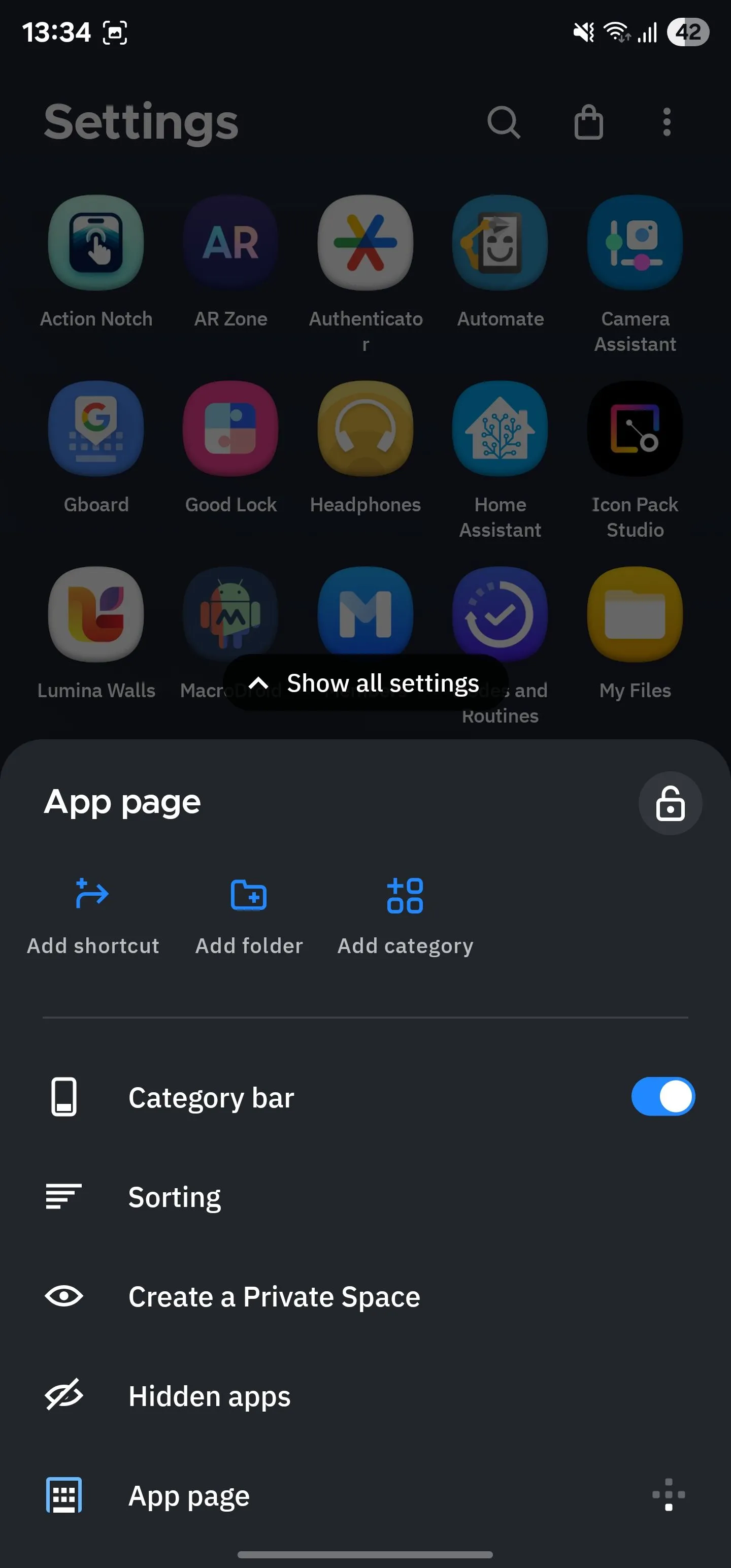 Tùy chọn tùy chỉnh ngăn kéo ứng dụng trong Smart Launcher, hiển thị các danh mục ứng dụng được sắp xếp tự động như Communication, Entertainment, Games, Utilities.