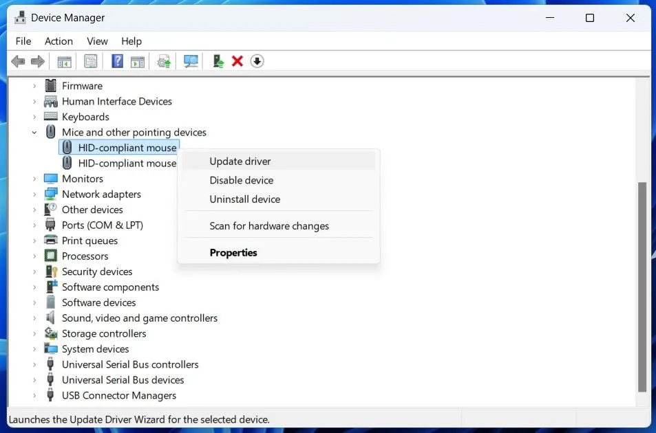 Tùy chọn &quot;Update Driver&quot; trong cửa sổ Device Manager để cập nhật trình điều khiển chuột.