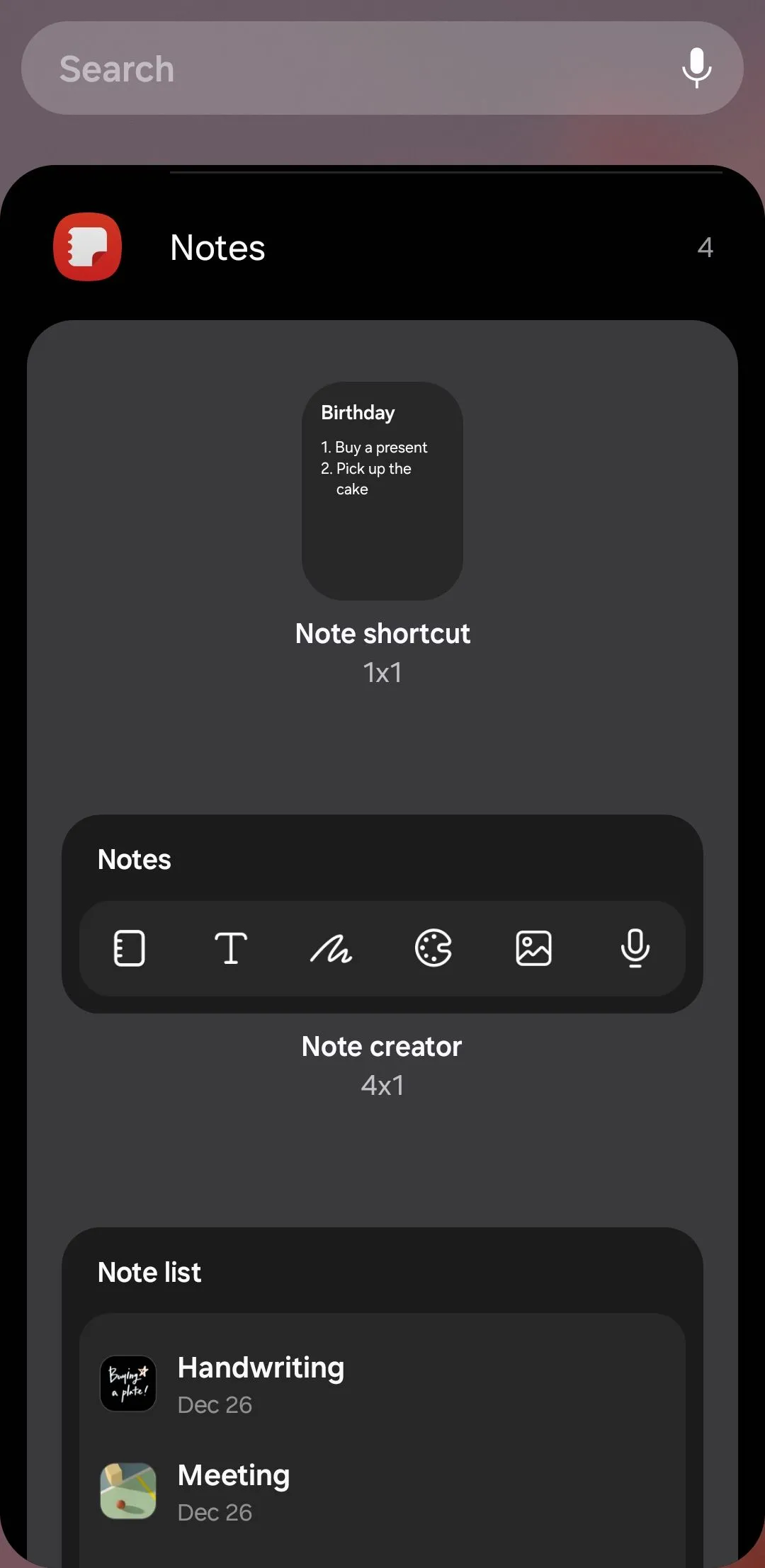 Tùy chọn widget Samsung Notes để tạo ghi chú nhanh và xem danh sách ghi chú