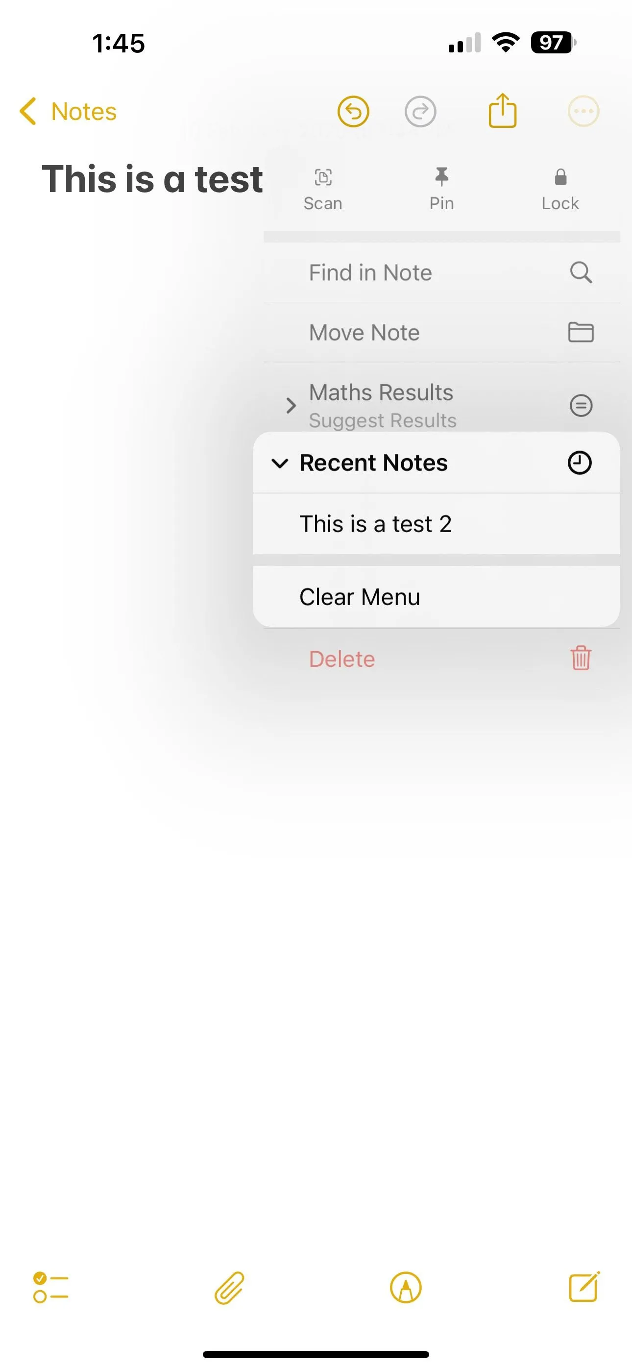 Tùy chọn Xóa Menu để xóa lịch sử Ghi chú gần đây trên iPhone chạy iOS 18