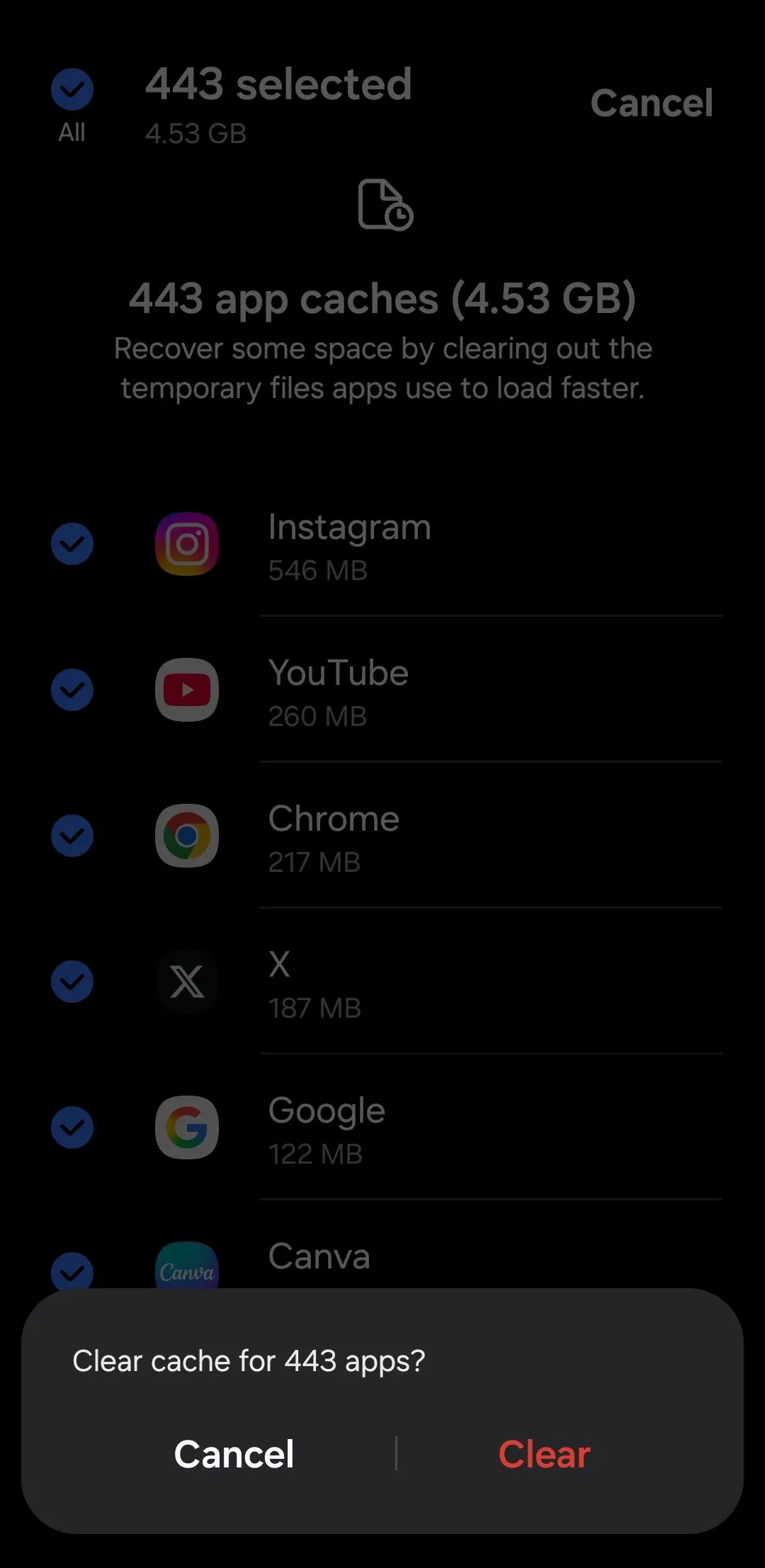 Tùy chọn xóa tất cả bộ nhớ đệm của ứng dụng trên giao diện One UI Samsung