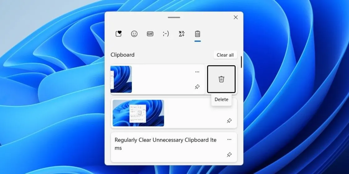 Tùy chọn xóa từng mục hoặc toàn bộ lịch sử trong ứng dụng Clipboard Windows