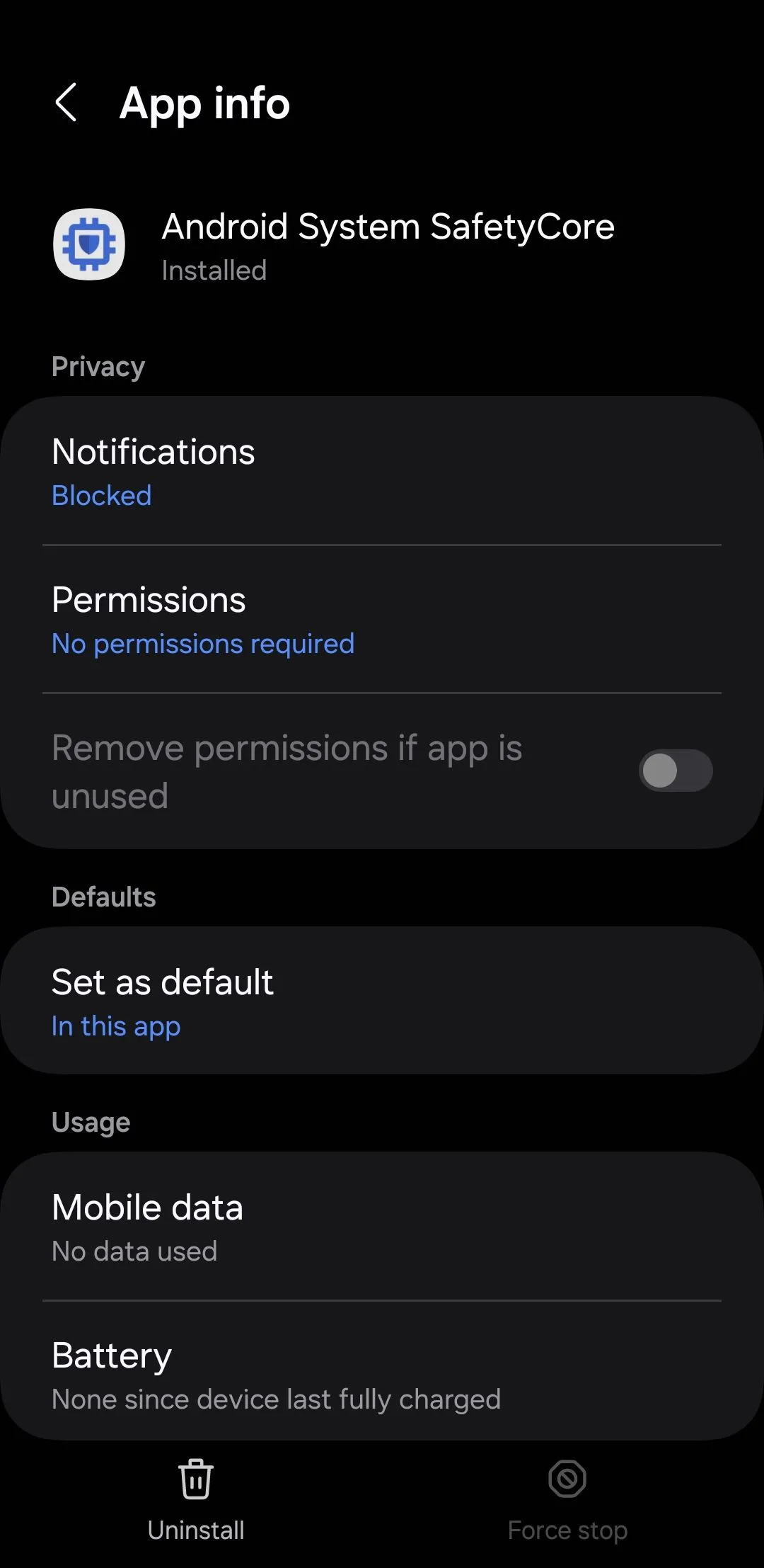 Ứng dụng Android System SafetyCore hiển thị tùy chọn gỡ cài đặt