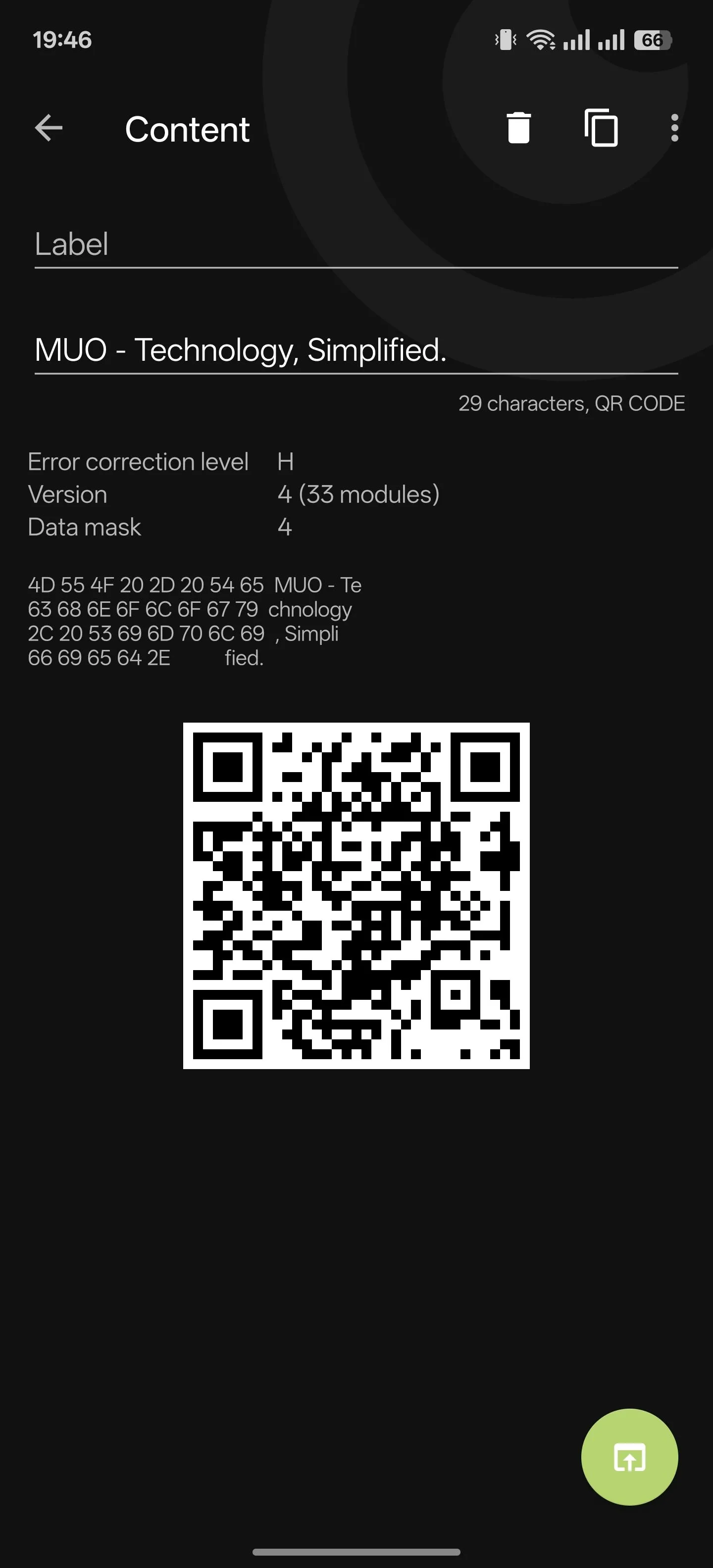 Ứng dụng BinaryEye trên Android hiển thị nội dung văn bản sau khi quét một mã QR