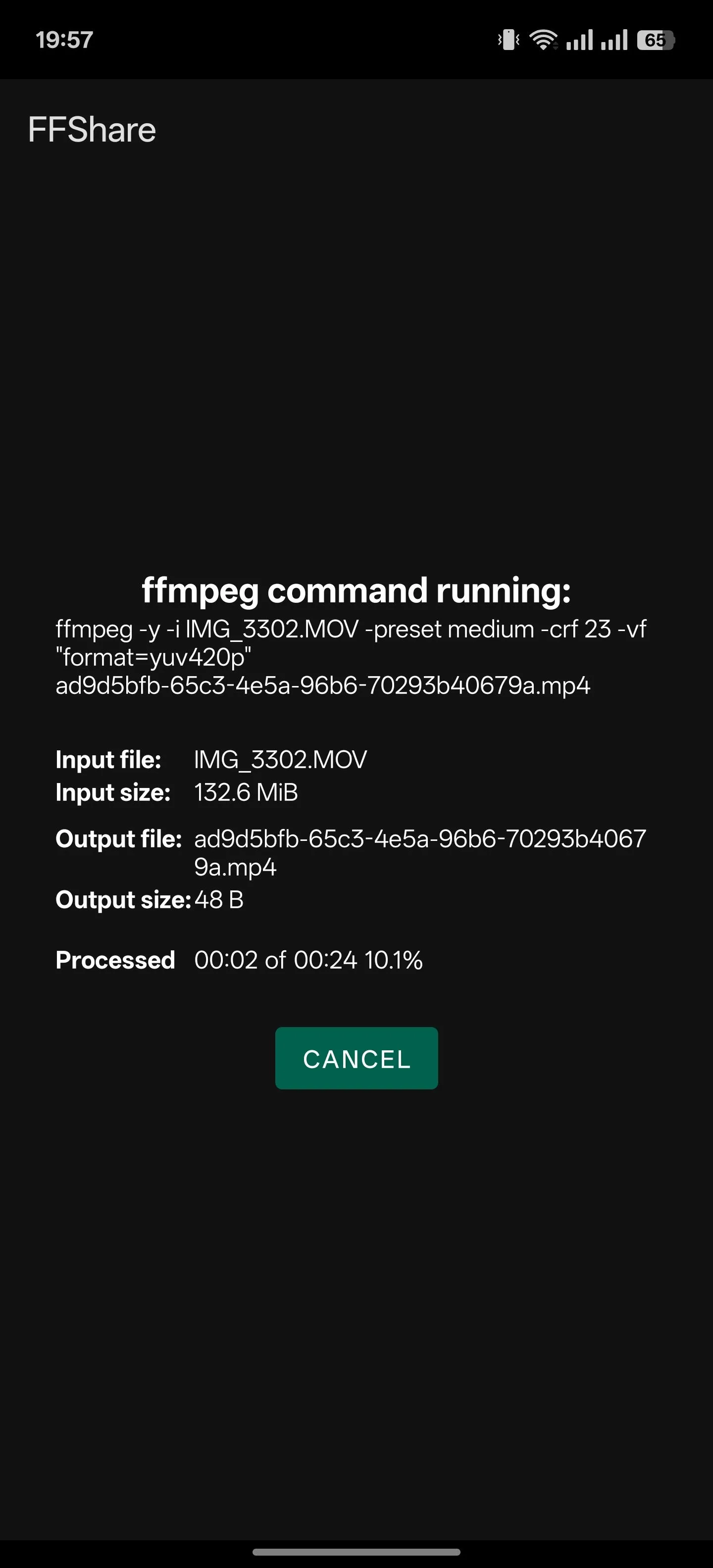 Ứng dụng FFShare trên Android hiển thị quá trình nén file đang diễn ra với các thông số chi tiết