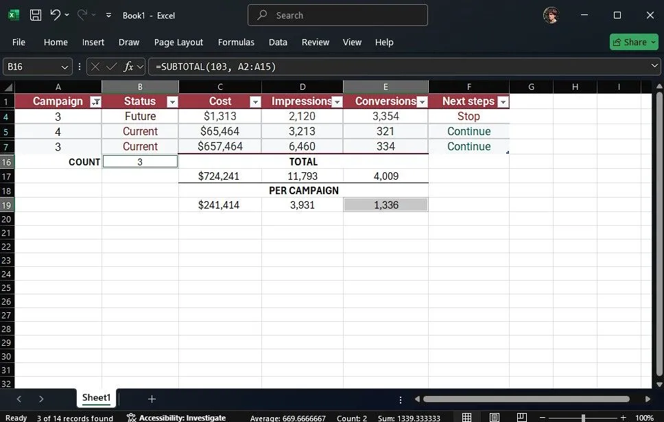 Ứng dụng hàm SUBTOTAL với mã 103 để đếm số lượng ô không trống trong một bảng Excel, đảm bảo đếm chính xác trên dữ liệu đã lọc.