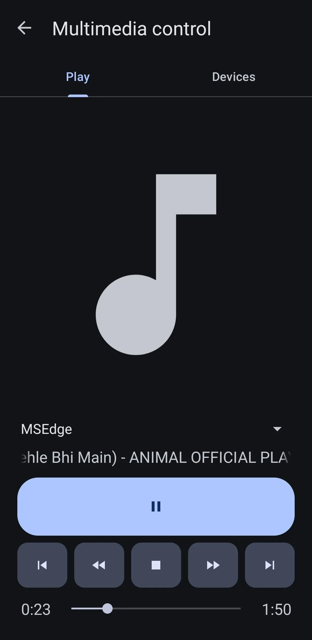 Ứng dụng KDE Connect trên Android hiển thị giao diện điều khiển trình phát nhạc