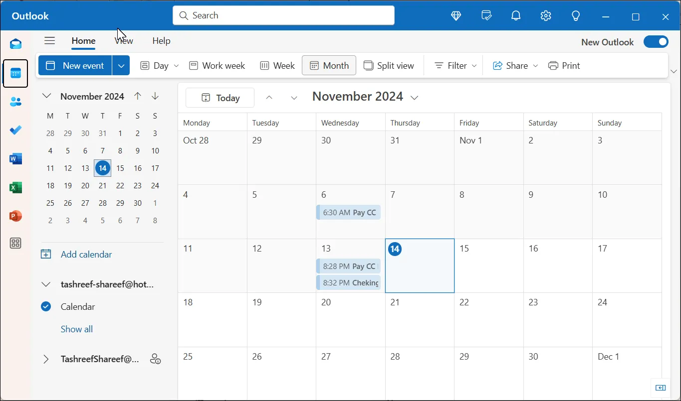 Ứng dụng Lịch được mở trong giao diện Outlook trên Windows 11, hiển thị các sự kiện đã lên lịch.