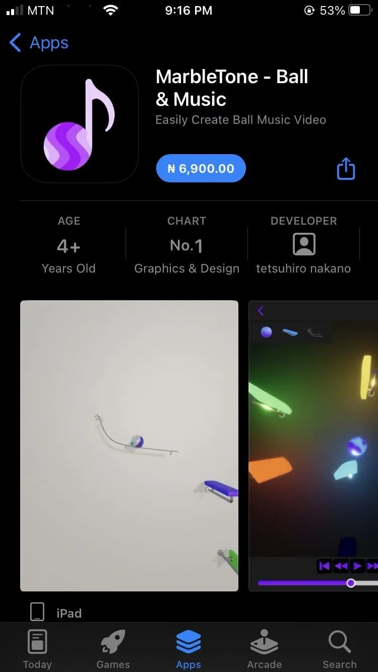 Ứng dụng MarbleTone trên giao diện App Store của iOS, sẵn sàng để tải về