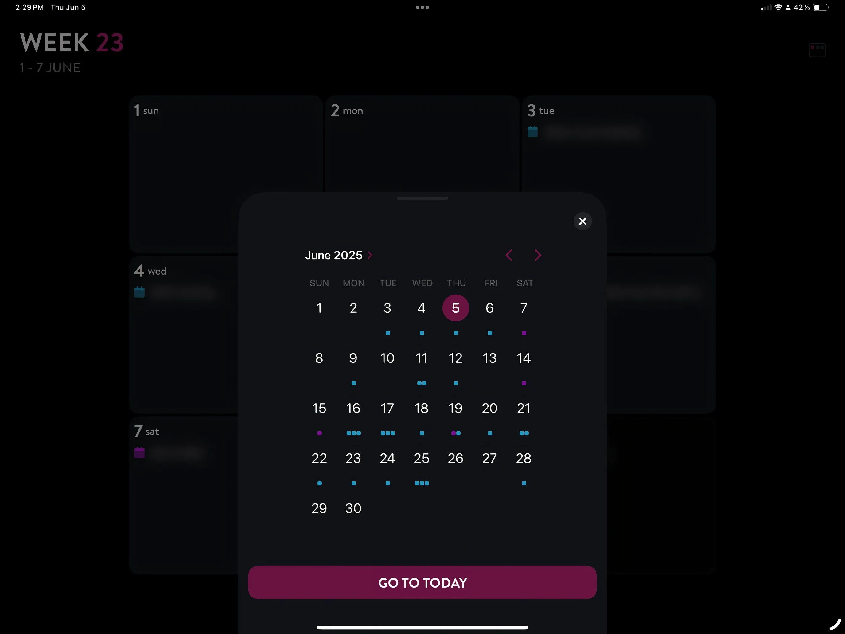 Ứng dụng Moleskine Planner trên iPad, hiển thị lịch trình và các mục tiêu
