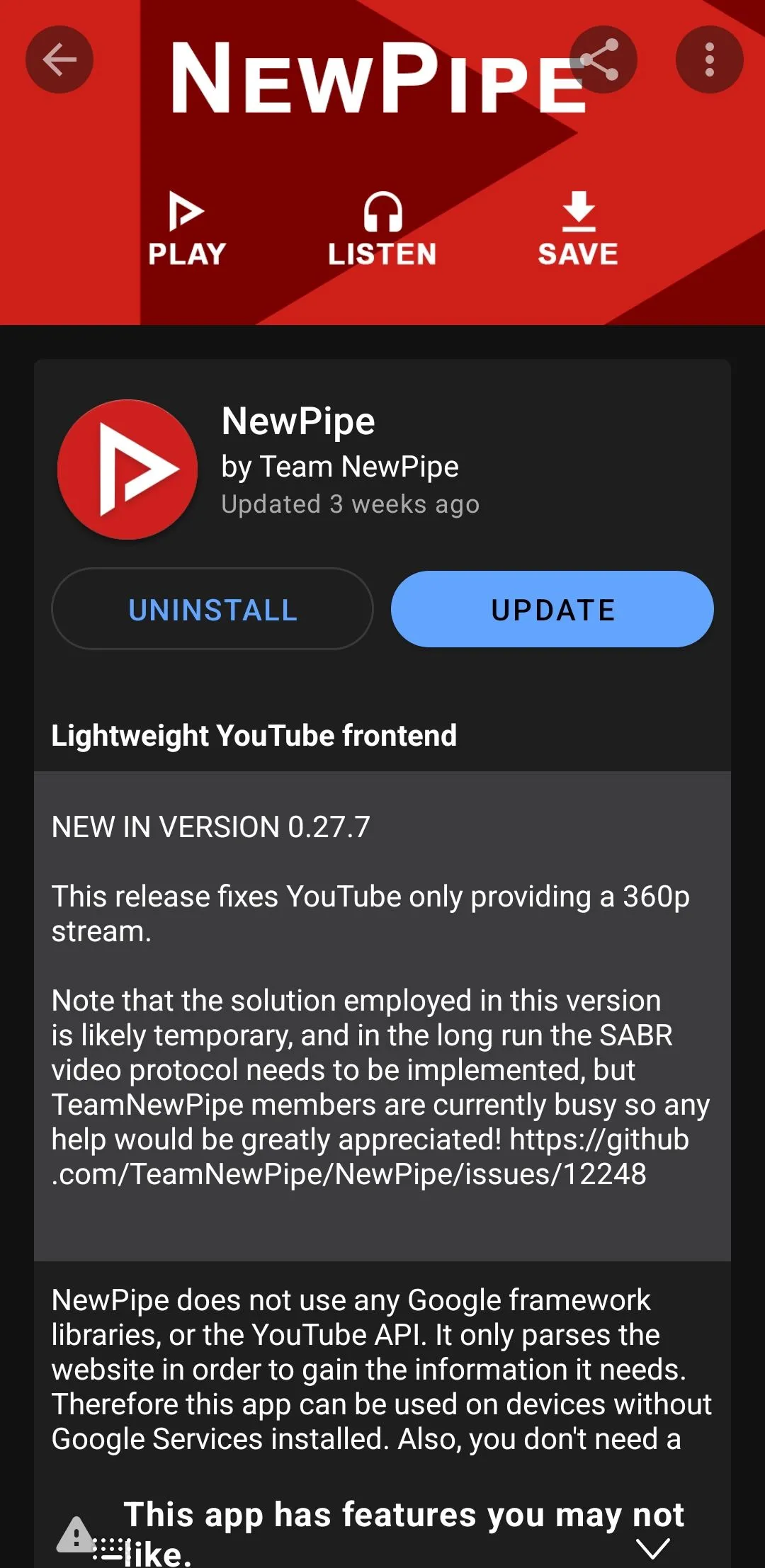 Ứng dụng NewPipe trên F-Droid dành cho điện thoại Android