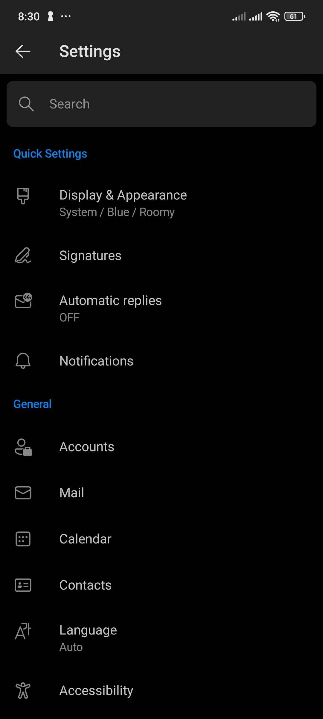 Ứng dụng Outlook trên Android với tùy chọn Tài khoản nổi bật